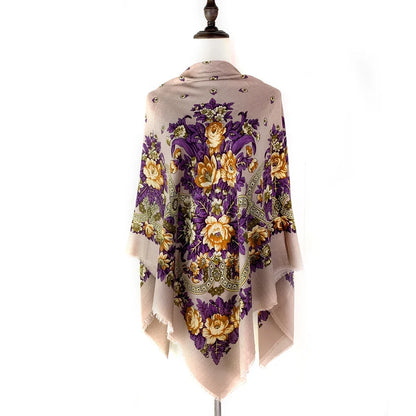 130*130cm Breathable Thin Russian Square Scarf Women Luxury Floral Print Ethnic Retro Bandana Shawl Foulard Femme Beach Stole