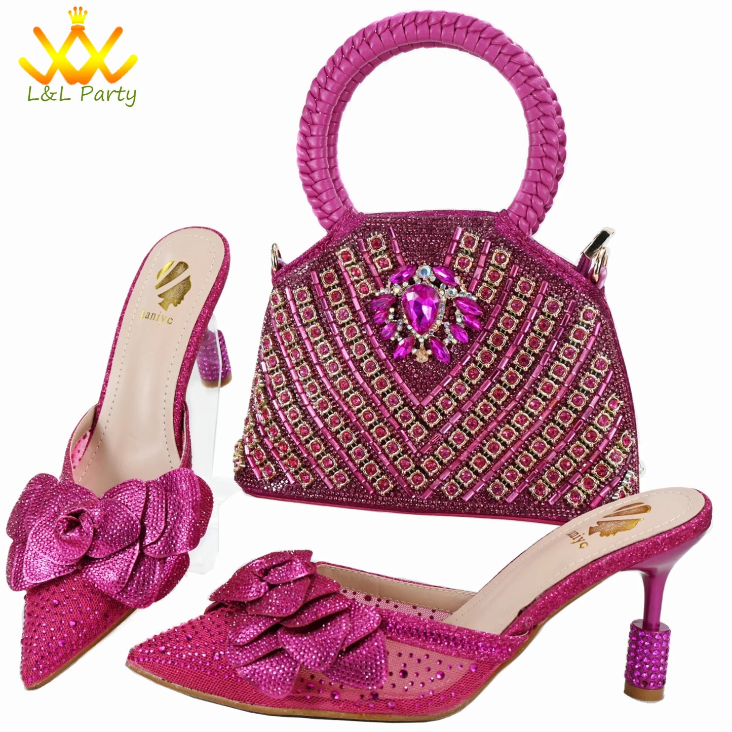 Orange Color New Arrivals Italian Design Nigerian Women Shoes and Bag Set Pointed Toe Slipper with Shinning Crystal for Party