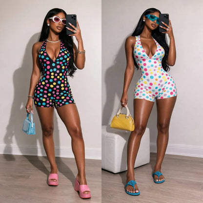 Sexy Polka Dot Backless Jumpsuits 2026 Summer Clothes Women One Piece Elegant Luxury Bodycon V Neck Halter Top Jumpsuit