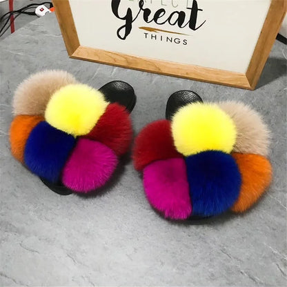 Natural Fox Fur Slippers, Fashionable Outdoor Multi-Color Animal Hair Slippers, Women's Gifts, Soft EVA Sole Slippers, On Trend