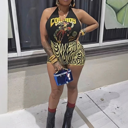 HLJ&GG Sexy Pattern Print Halter Bodycon One Piece Rompers Women Deep V Sleeveless Backless Slim Jumpsuits Fashion Trend Overall