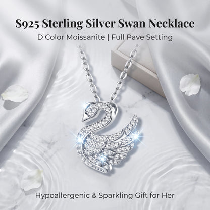 S925 Sterling Silver D‑Color Moissanite Swan Necklace, Sparkling Pave Pendant, Hypoallergenic Fine Jewelry Gift for Women