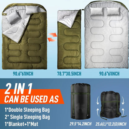 Double Camping Sleeping Bag Ultralight Waterproof 4 Season Warm Envelope Backpacking Sleeping Bags for Outdoor Traveling Hiking