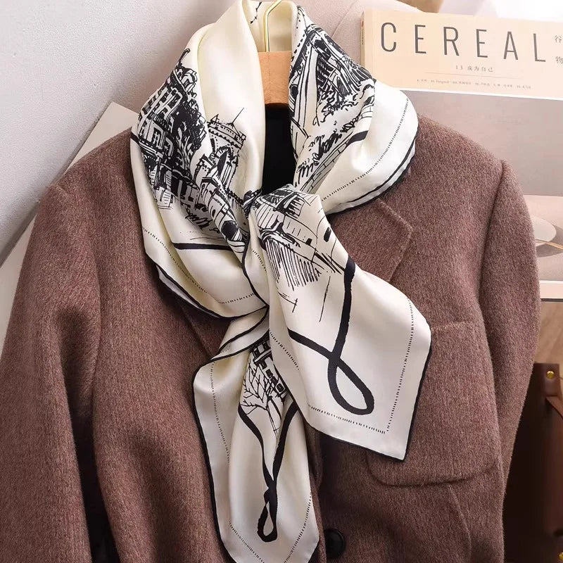 Black White View Print Twill Silk Scarf 90x90cm Women Fashion Square Neck Scarf Satin Kerchief Head Wrap Bandana Bag Decoration