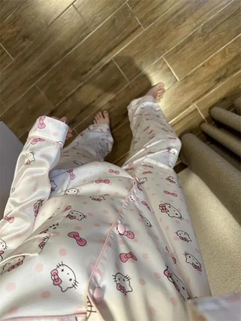 Sanrio New Pajamas 2Pcs Hello Kitty Polka Dots Pajamas Princess Style Female Autumn New Long Sleeves Dormitory Home Clothing Set