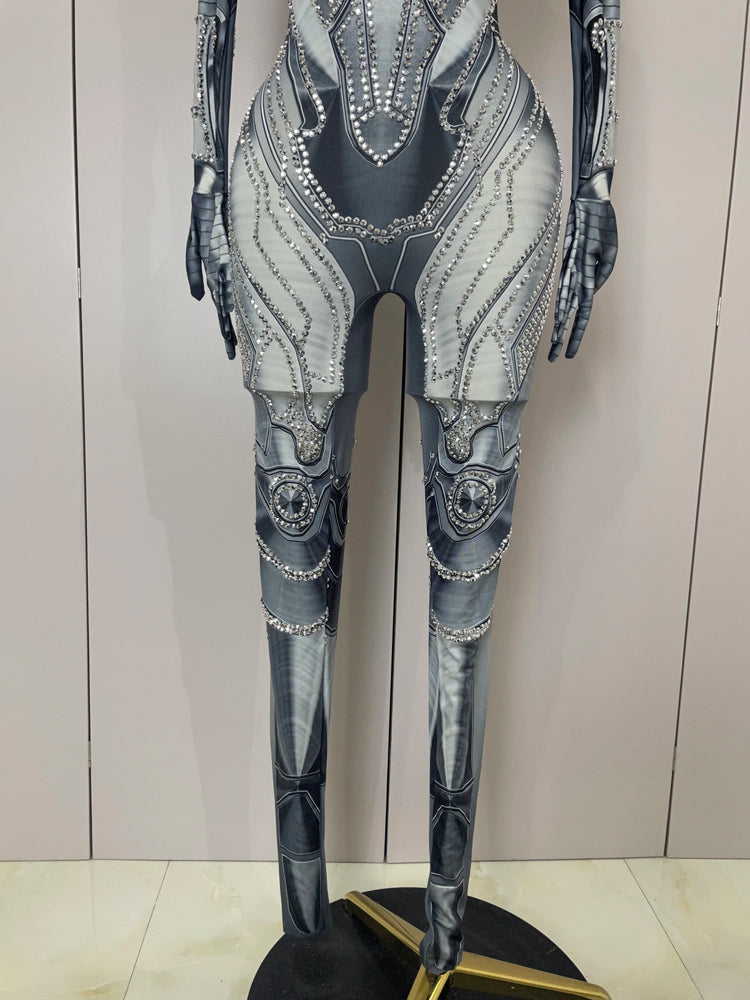 2025 New Trendy Women Sexy Rhinestones Printed Skinny Jumpsuit High Street Performance Dance Costume Bar Club Show Stage Wear