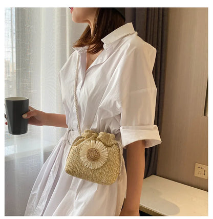 Summer New Fashion Straw Strap Mouth Women's Woven Bag Single Shoulder Bag Crossbody Bag for Travel and Amusement