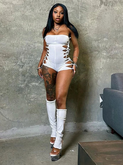 Sisterlinda Hollow 2-Piece Set Women Tassel Bandage Low-Neck Sleeveless Backless Playsuits+Simple Leg Sleeve Trend Sexy Suits