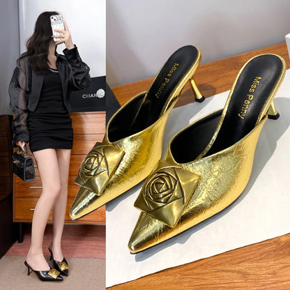 Women High Heels Slippers Summer New Luxury Fashion Gold Flower Decoration Modren Sandals Ladies Pointed Toe Mules Shoes Slides