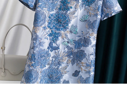 Women Blue Jacquard Beaded Dress Short Sleeve Round Neck a Line Elegant Slim Fit Summer Party Fashion Luxury Midi Dress