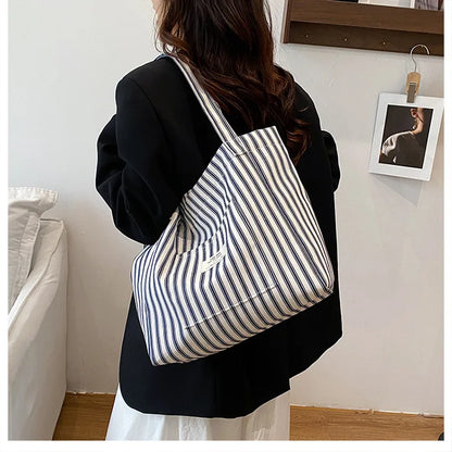 Contrast Color Stripes Women Shoulder Bags Versatile Ladies Large Capacity Tote Bag Lightweight Portable Female Shopping Handbag