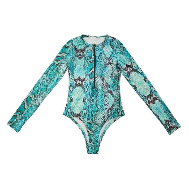 Turquoise Snake Print Long Sleeve One Piece Swimsuit Front Zipper Guard Sportswear High Cut Monokini For Women Summer Surfing