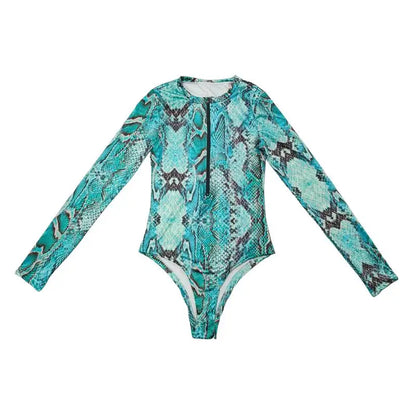 Turquoise Snake Print Long Sleeve One Piece Swimsuit Front Zipper Guard Sportswear High Cut Monokini For Women Summer Surfing