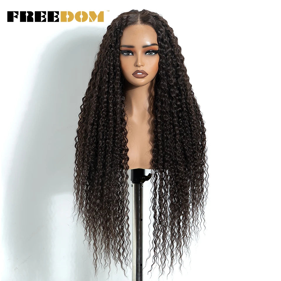FREEDOM Synthetic Lace Front Wigs For Women 6x4 Pre-cut 32 Inch Long Curly Lace Wig Pre-plucked Ombre Brown Blonde Glueless Wigs