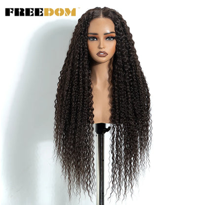 FREEDOM Synthetic Lace Front Wigs For Women 6x4 Pre-cut 32 Inch Long Curly Lace Wig Pre-plucked Ombre Brown Blonde Glueless Wigs