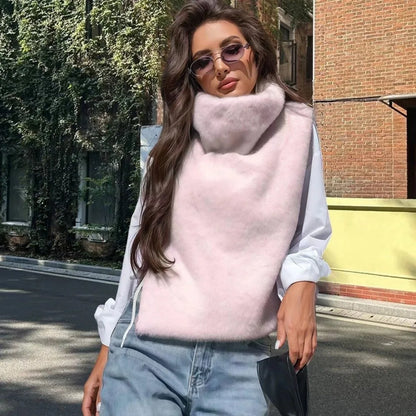 Trendy Outerwear Eco Mink Fur Turtleneck Tank Tops Fluffy High Collar Crop Top Thicken Layering Piece Sable Vest Women's Apparel