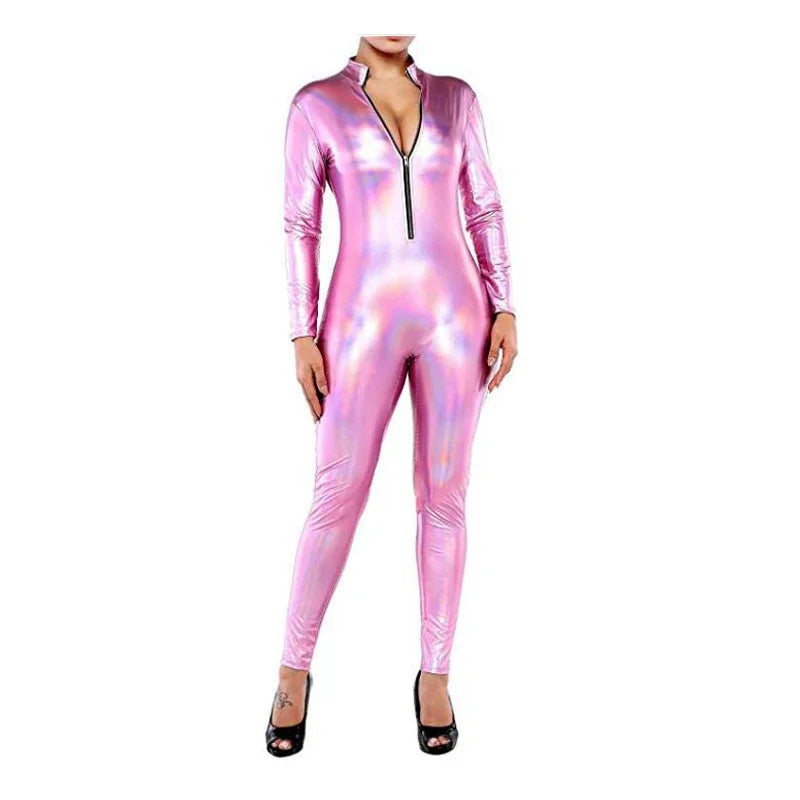 Plus Size Bodycon Party Romper Shiny Laser Holographic Front Zipper Long Sleeve Jumpsuits High Street Sissy Stretchy Bodysuit