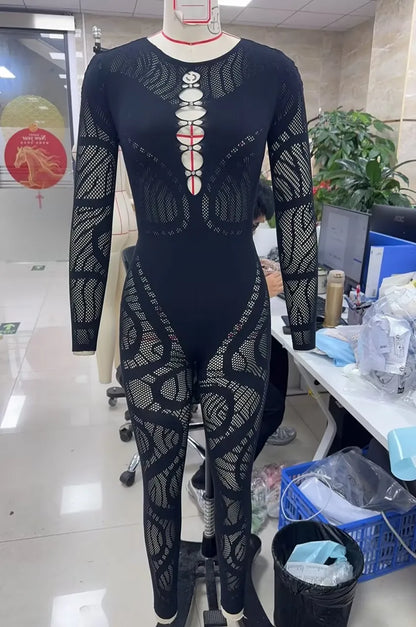 Sheer Mesh Cutout Jumpsuit, Black Long-Sleeve Bodycon Catsuit with Chest Cutouts, Night Out & Festival Wear