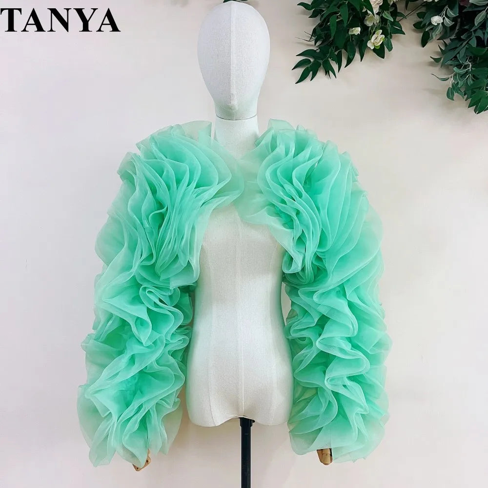 Puff Black Tulle Long Sleeves Jacket Girls Exaggerated Bolero Coat Dark Red Matching Evening Dress Women Formal Elegant Wrap
