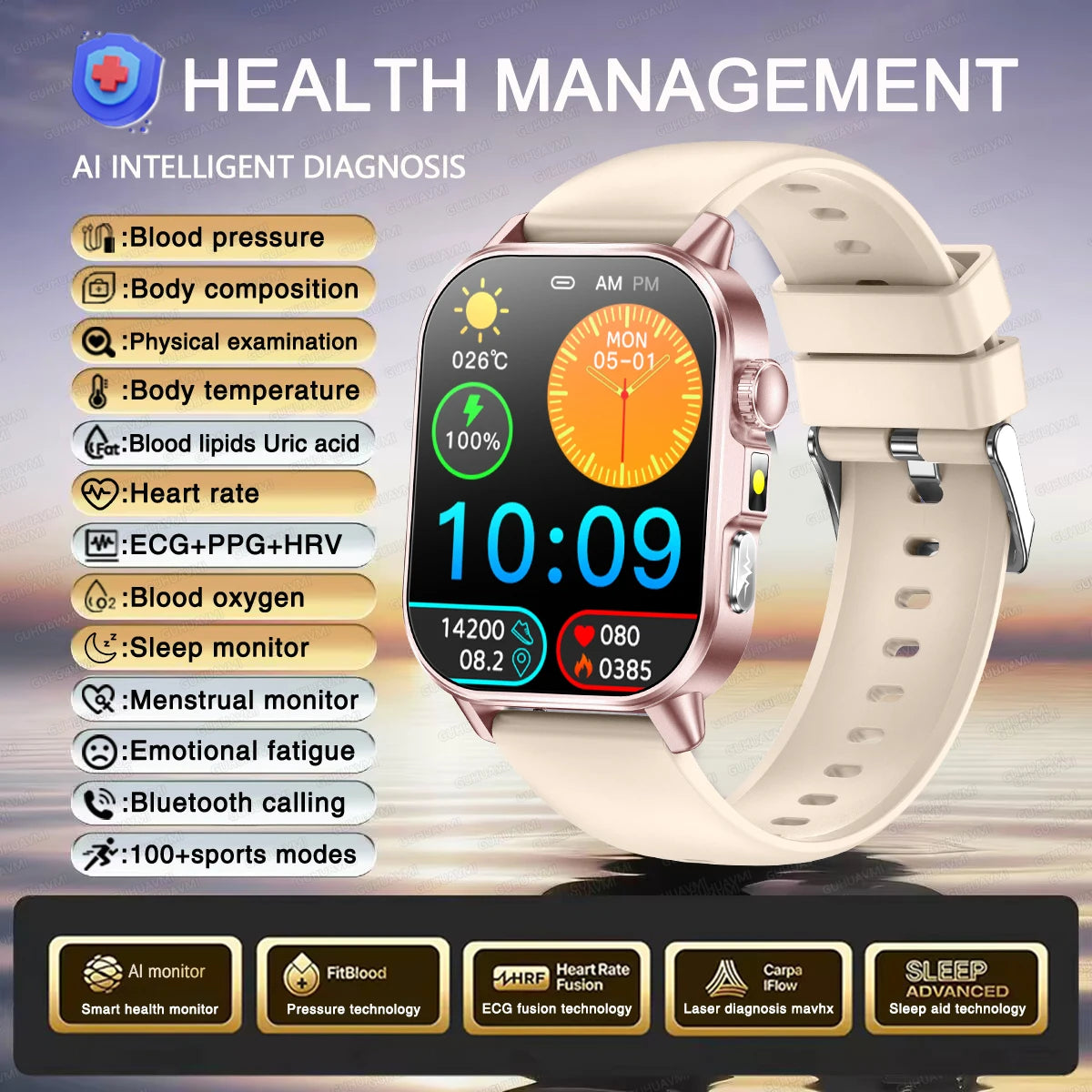 2026 Original Women Health Accurate Diagnosis Smart Watch ECG+HRV BP Blood Oxygen Uric Acid Heart Rate Bluetooth Call Smartwatch