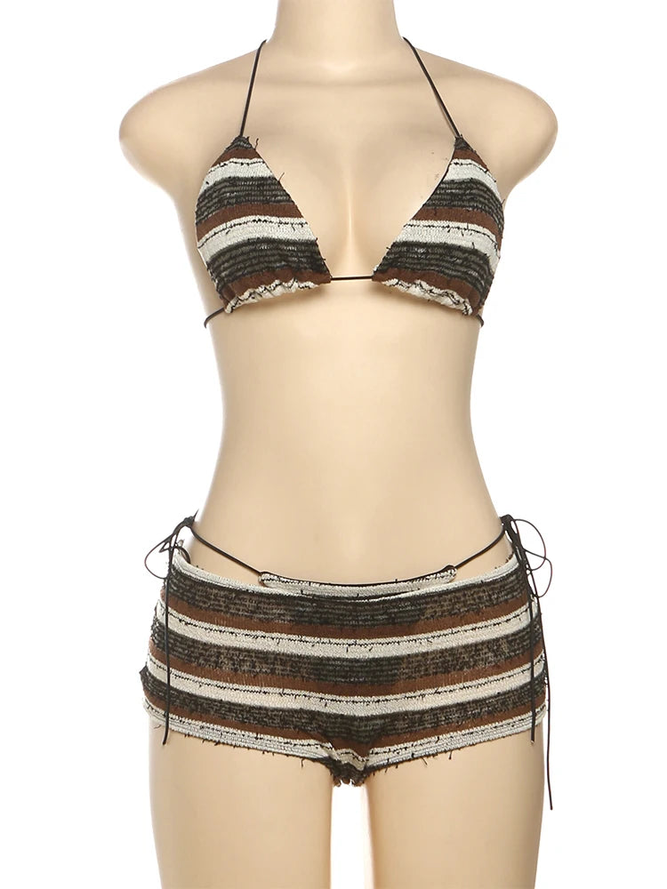 Weird Puss Ripped Tassel 3Piece Set Women Sexy Crochet Y2K Bandage Bra+Thong+Shorts Beach Vacation Midnight Club Party Swimsuit