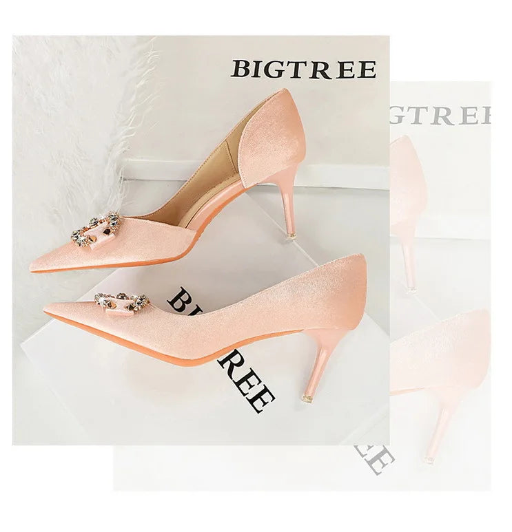 BIGTREE Party Pumps 7cm Thin High Heels Western Style Velvet Shallow Pointed Toe Side Hollow Crystal Pearl Bow Lady Shoes Pink
