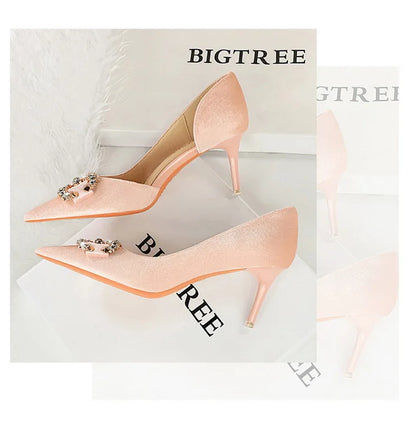 BIGTREE Party Pumps 7cm Thin High Heels Western Style Velvet Shallow Pointed Toe Side Hollow Crystal Pearl Bow Lady Shoes Pink