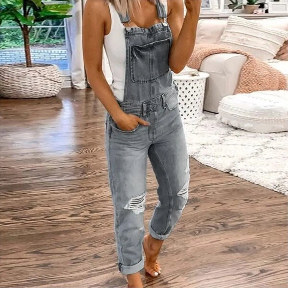 Women Sports Shoulder Straps Ripped Denim Rompers Spring Summer New Fashion Retro Slim Fit Female Versatile Casual Halter Jeans