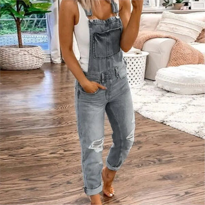 Women Sports Shoulder Straps Ripped Denim Rompers Spring Summer New Fashion Retro Slim Fit Female Versatile Casual Halter Jeans