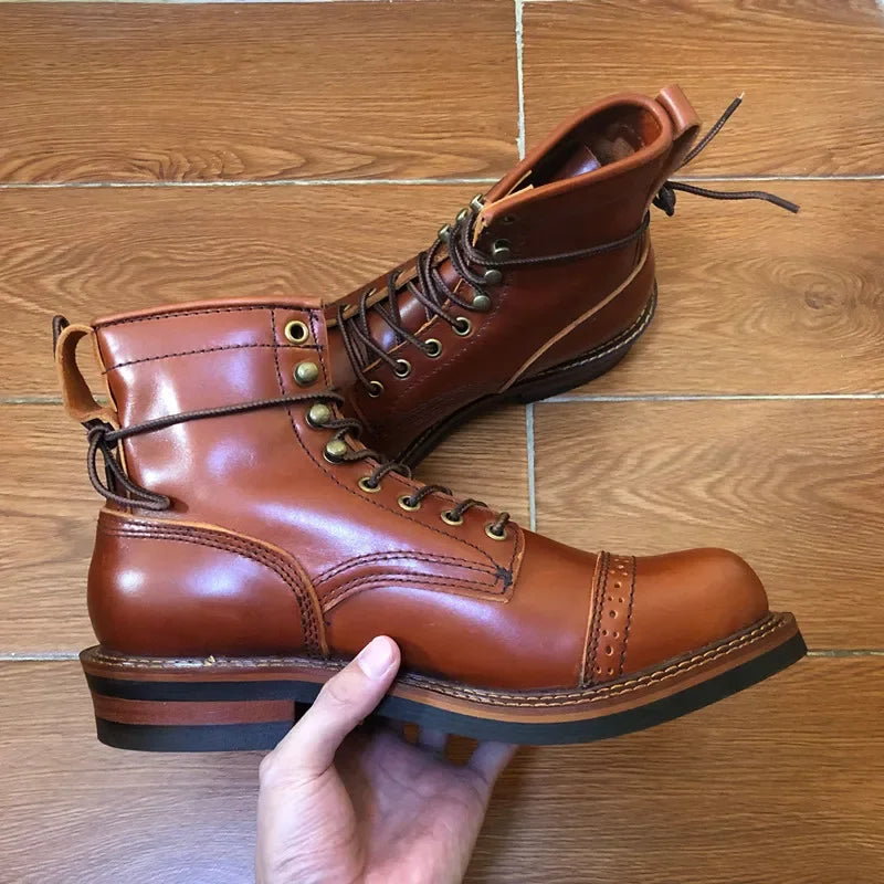 New Vintage British Round Toe Men Shoes Lace-Up Genuine Cow Leather Ankle Boots Work Dress Motorcycle Boots Red Brown Casual