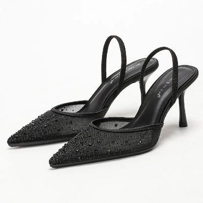 Rhinestone Luxury Heeled Sandals Women Shiny Mesh Mules Shoe Breathable Pointed Toe Pumps Women Elegant High Heels Wedding Shoes