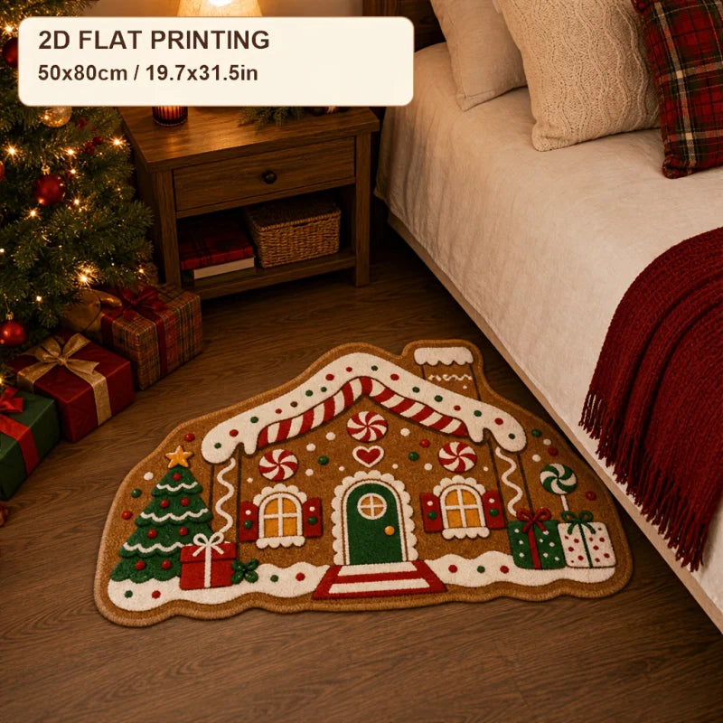 VIKAMA Xmas Holiday Cute Gingerbread House Irregular Rug Comfortable Floor Mat for Entryway Porch Xmas Home Decoration