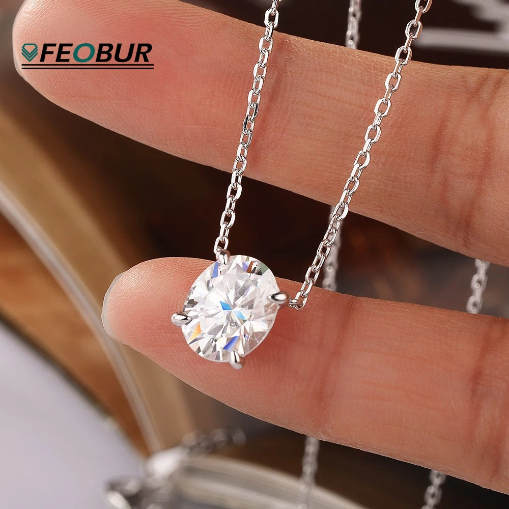 Certified 1/2/3CT Moissanite Necklace Oval Solitaire Pendant for Women 925 Sterling Silver Lab Diamond Charm Jewelry Gift FEOBUR