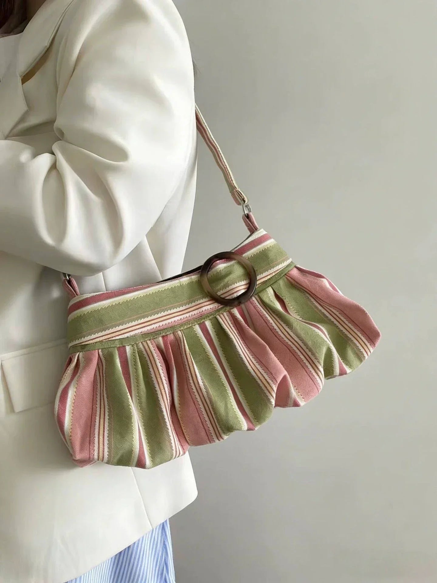 Pleated Design Dumpling Bag Retro Polka Dot Wooden Button Decor Handbag Soft Striped Shoulder Bags Pattern Casual Commuter Bag