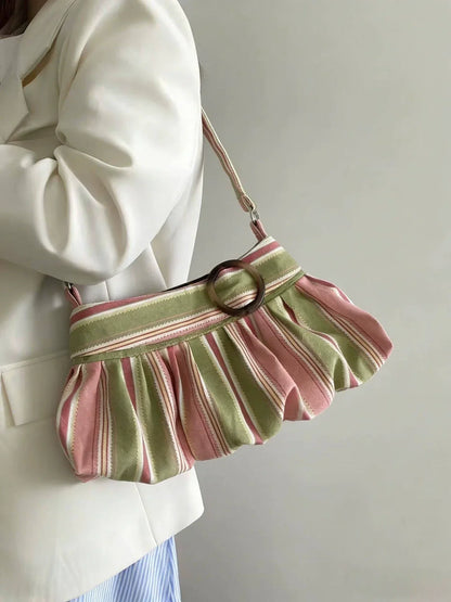 Pleated Design Dumpling Bag Retro Polka Dot Wooden Button Decor Handbag Soft Striped Shoulder Bags Pattern Casual Commuter Bag