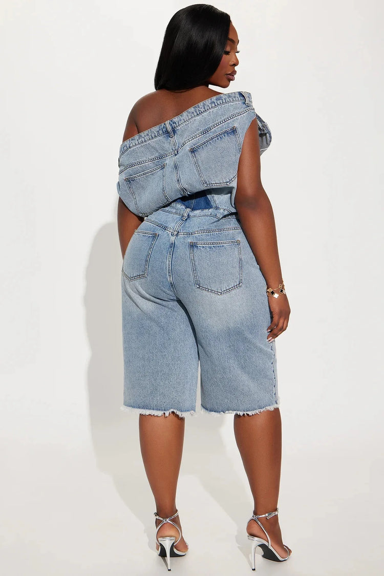 Jumpsuits Women Denim One Piece Short Sleeve Overalls Knee Length Pants Tight Waist Rompers Y2k Streetwear Slash Neck 2026