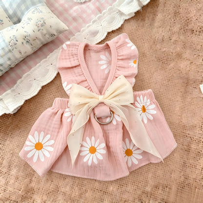 Daisy Print Pet Harness Dress Ruffle Straps Big Sheer Bow D Ring Traction Skirt Summer Thin Clothes for Small Dogs Cats