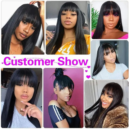 38 inch Straight Lace Front Wig With Bangs Fringe Human Hair Wigs 360 HD Full Lace Frontal Wig With Bang On Sale Clearance Cheap