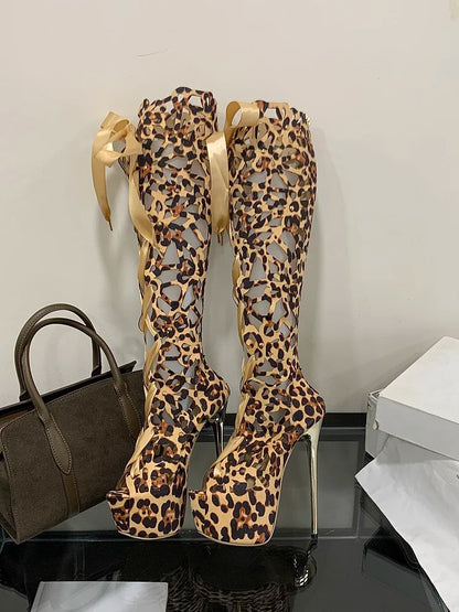 Aneikeh Sexy Leopard Print Hollow Out Ultra-high Heels Knee-High Boots Lady Club Stripper Peep Toe Platform Sandal Long Booties