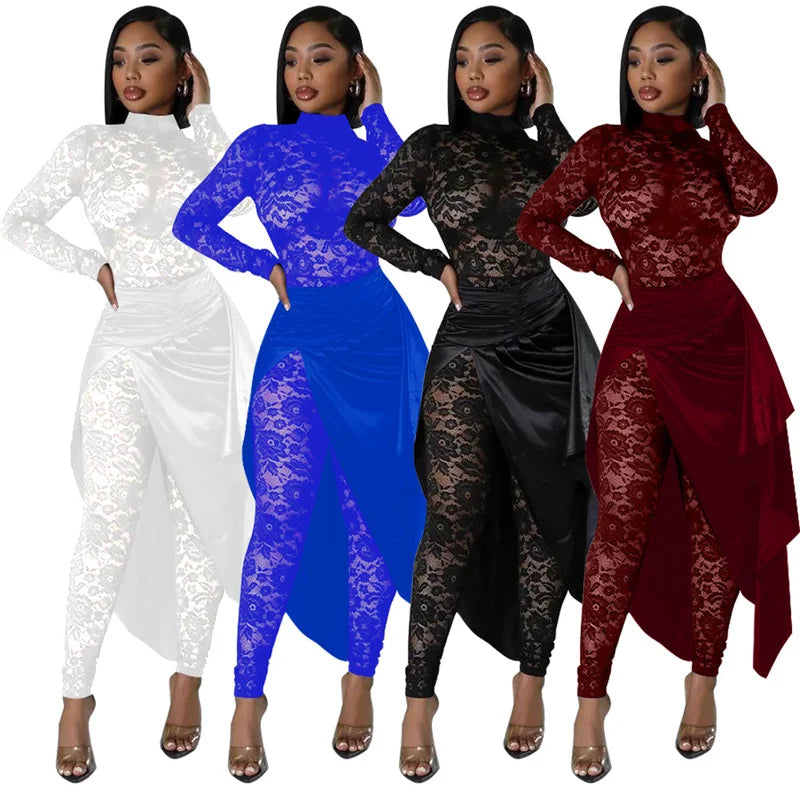 Sexy See Through Floral Lace Jumpsuits with Overlay Skirt Women Nightclub Party Skinny Stretchy One Piece Romper Club Overalls