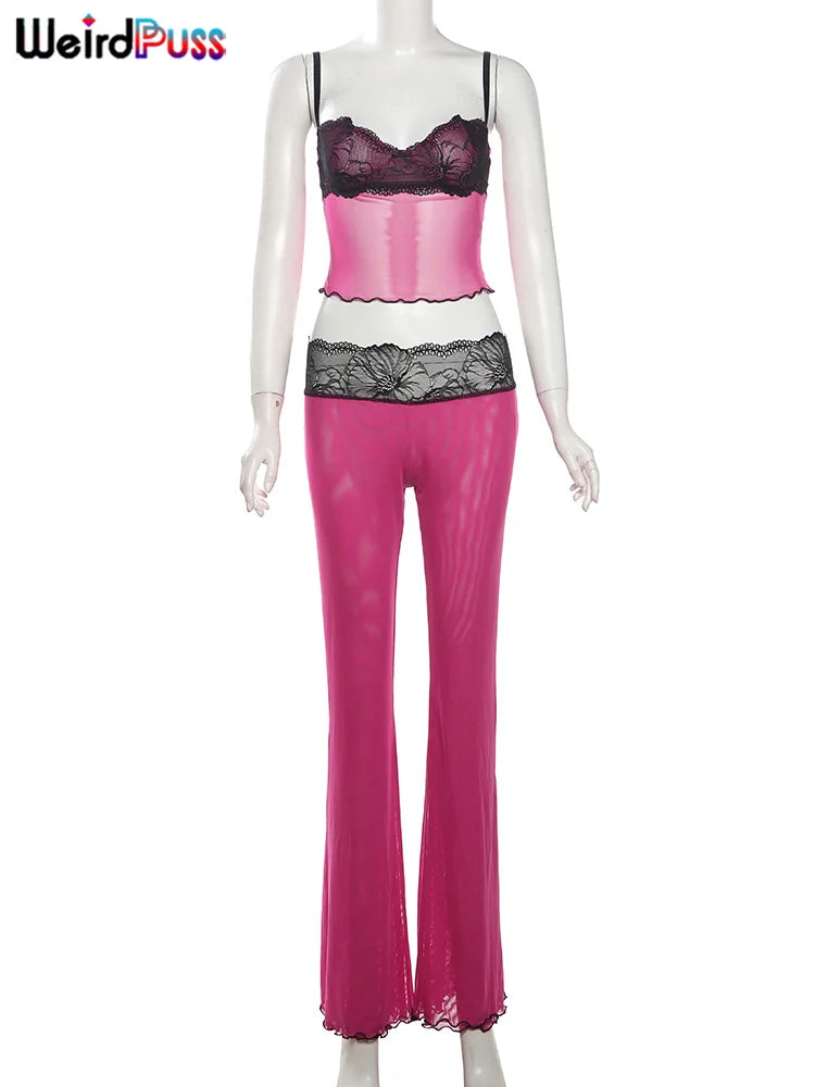 Weird Puss Patchwork Lace 2piece Sets Woman Summer Sexy Fungus Trim Spaghetti-Strap Tops+Chic Tierred Pants Party Skinny Outfits