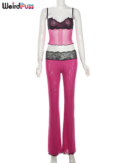 Weird Puss Patchwork Lace 2piece Sets Woman Summer Sexy Fungus Trim Spaghetti-Strap Tops+Chic Tierred Pants Party Skinny Outfits