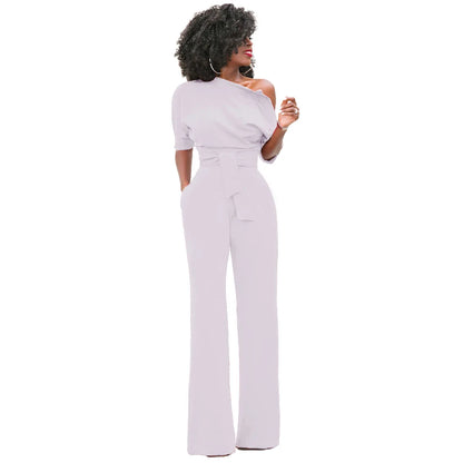 2024 Summer New Fashion Women's Jumpsuit Solid Color Slanted Shoulder Elegant Temperament Sleeveless Long Wide Leg Jumpsuit