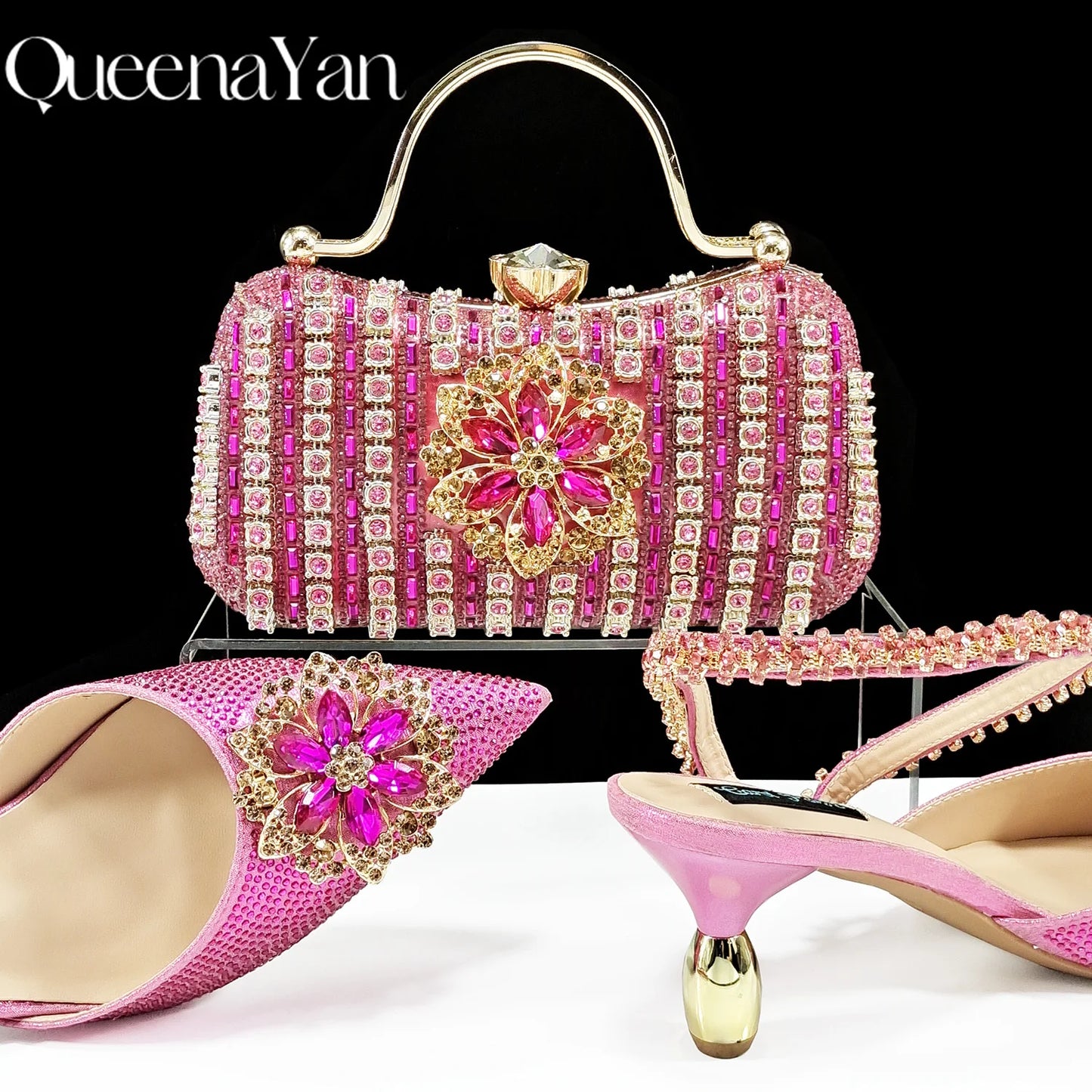 Elegant Rhinestone-Embellished Heels And Gold Mini Bag Set for Night Outfits Women's Fashion Accessory Combo
