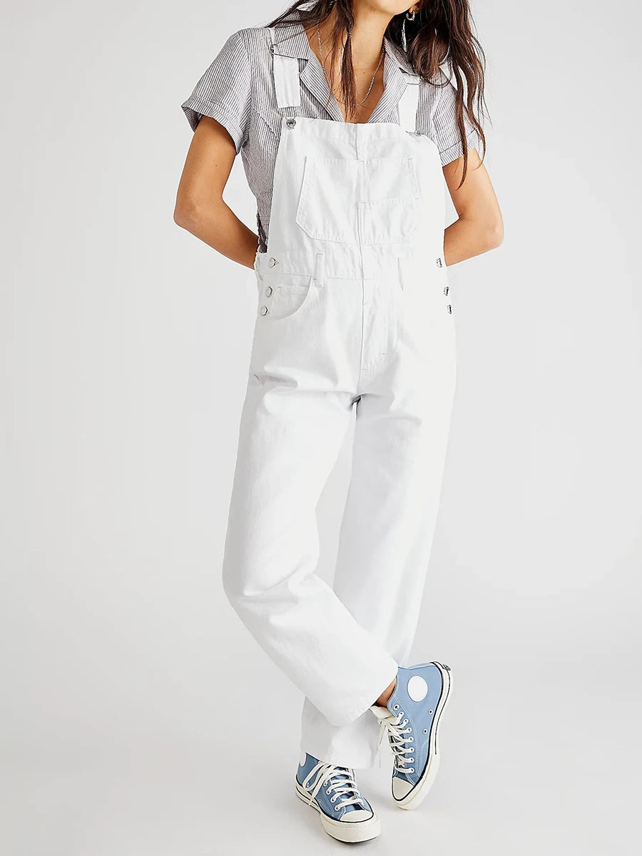 Women Spring Casual Wide Leg Denim Jumpsuits Loose Wide Strap Suspender Pocket Overalls Baggy Long Jeans Bib Pants Rompers