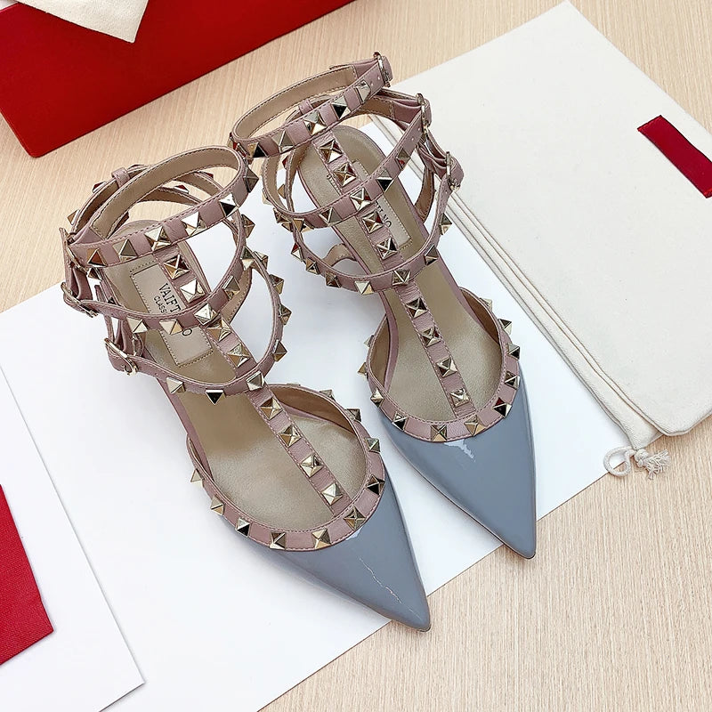 Women's sandals luxury Woman shoes Gladiator Summer 2026 New Rivet High-heeled Three Straps Ankle Fashion Designer Ladies Shoes