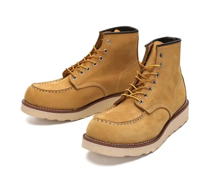 Men's Goodyear-Welted Vintage Genuine Leather Mid-calf Motorcycle Boots Round toe Casual Punk Dress Boots Work Shoes Western Red