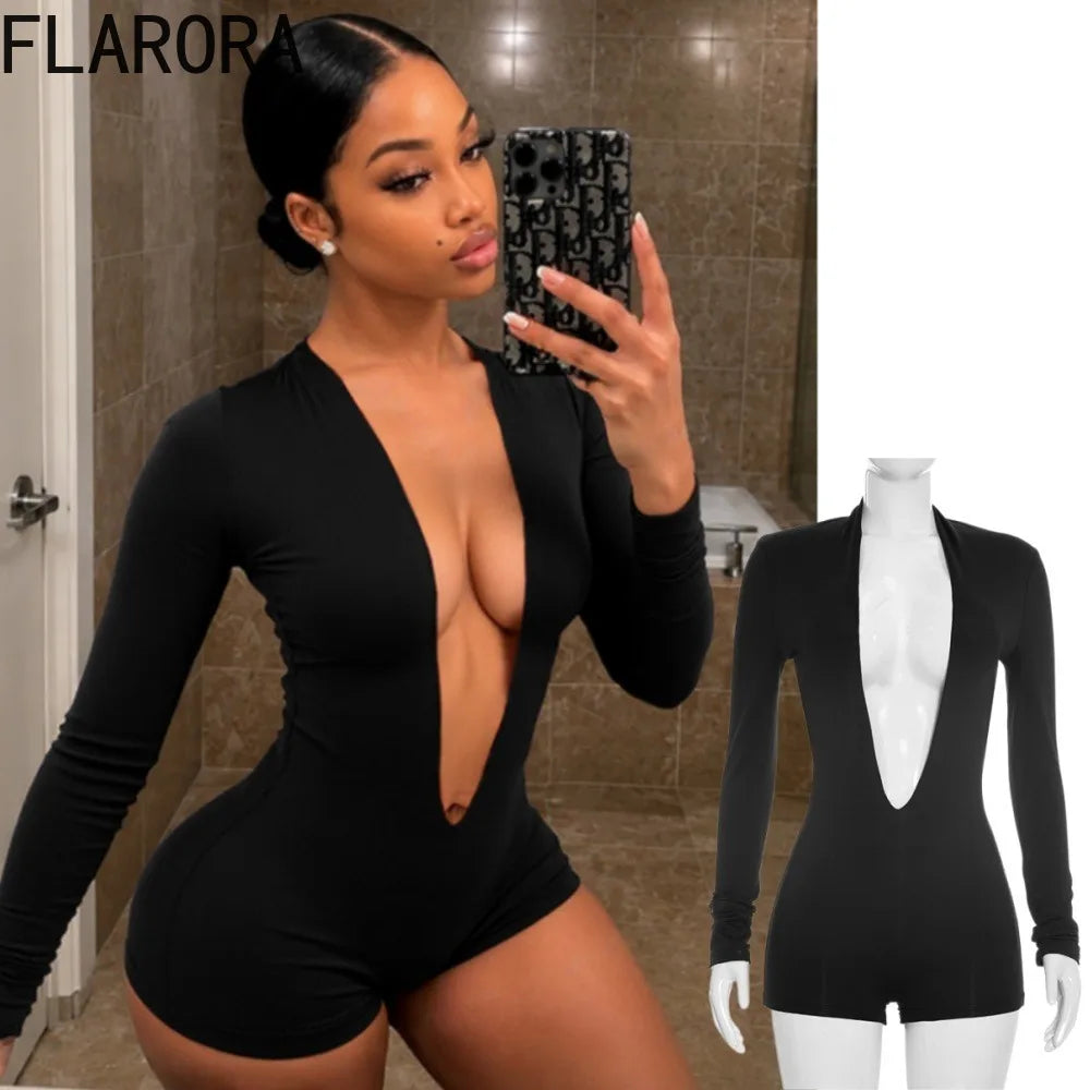 FLARORA Sexy Deep V Neck Slim Rompers Woman Solid Color Full Sleeve Stretch Skinny Peach Hip Playsuits Hot Girl Party Clubwear