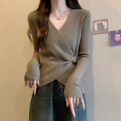Women Wrap V Neck Ribbed Knit Top Metal Ring Buckle Flare Long Sleeve Slim Sweater