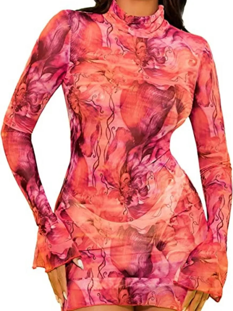 Flare Sleeve Color Printing Bodycon Dress Mini Women Clothing Turtleneck Sexy Streetwear High Waist Fashion One-Pieces Outfits